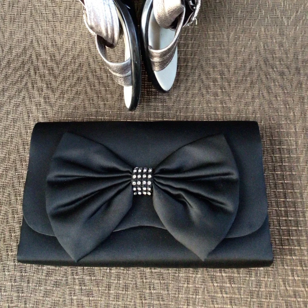 Black Satin Bowed Rhinestone Evening Bag Clutch
